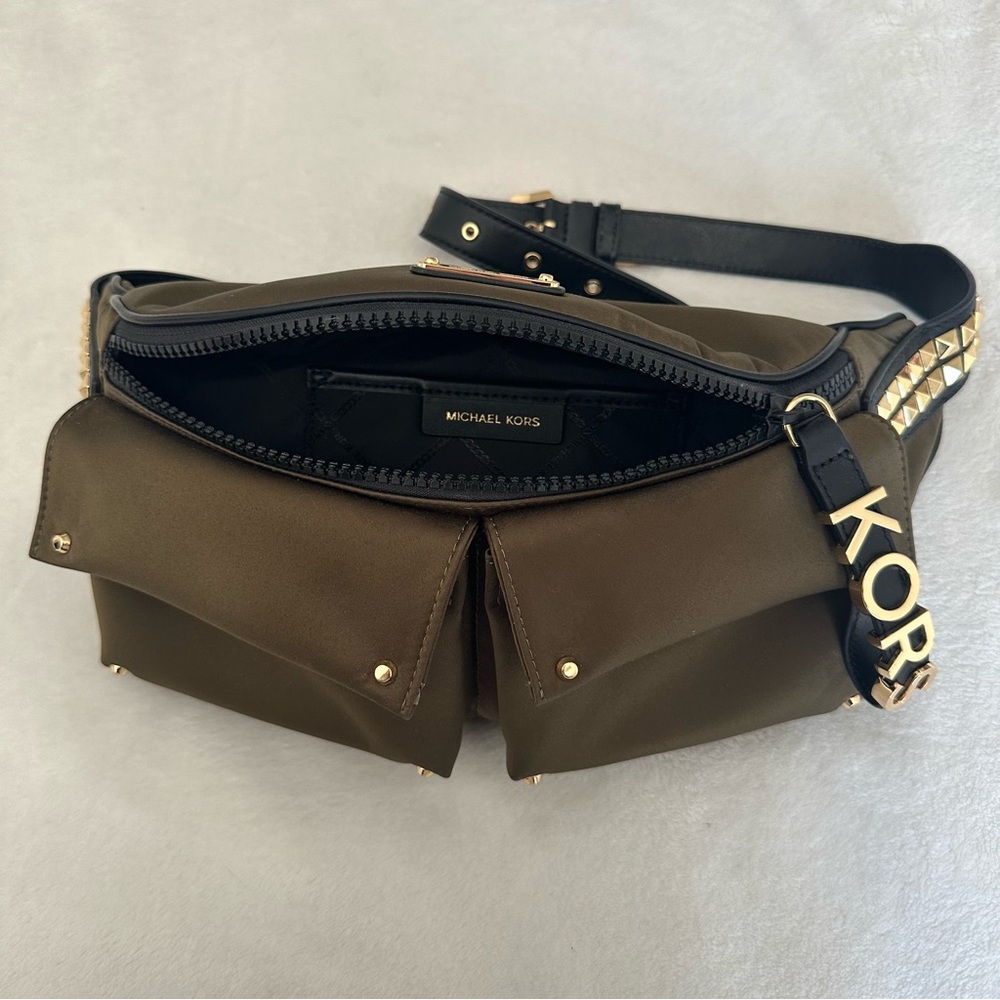 Michael Kors Olivia Large Studded Satin Belt Bag Crossbody in Olive Green - Picture 13 of 14